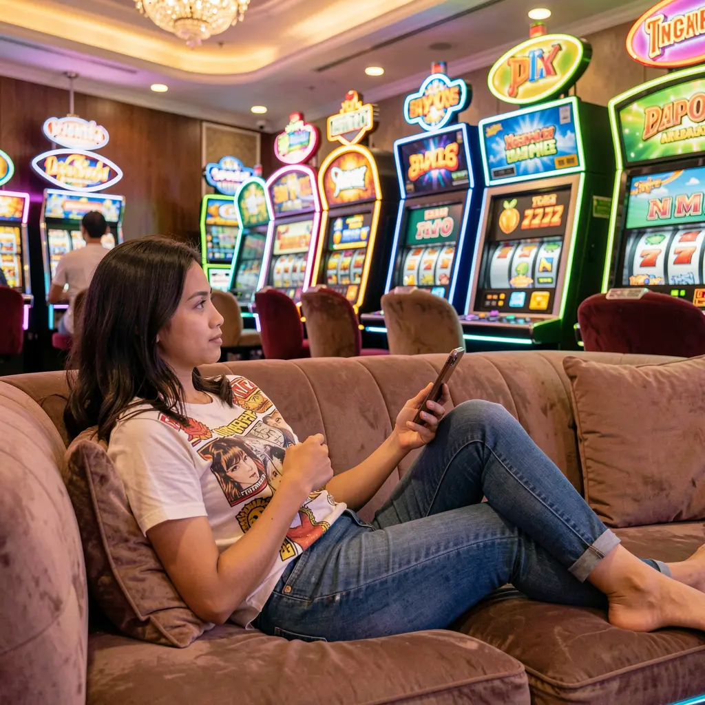 Stylish Malaysian woman relaxing on a sofa while using the FYI77 casino app with colorful slot machines and neon lights behind her