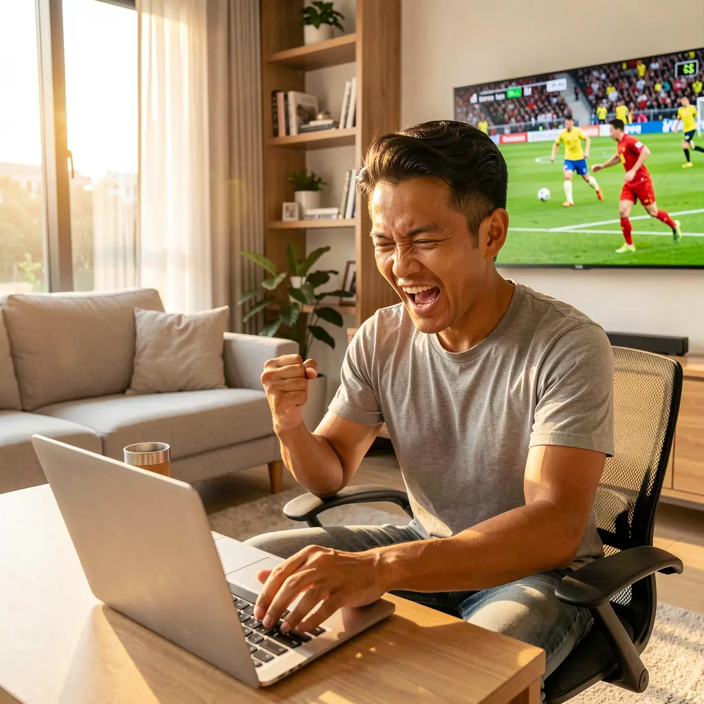 Focused Malaysian sports bettor celebrating a winning moment while placing online bets on a laptop with live football action behind him using FYI77
