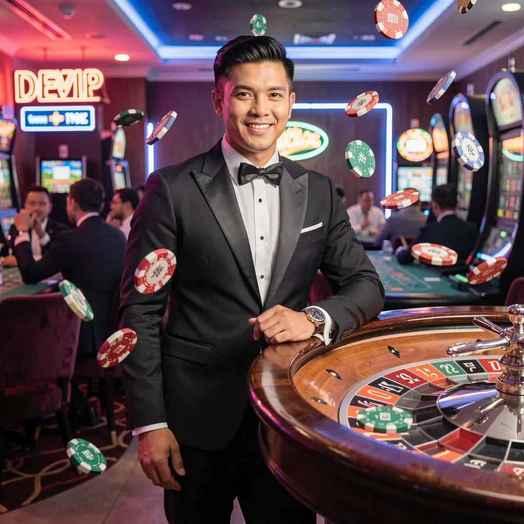 Stylish casino dealer in a tuxedo with floating chips highlighting the thrilling live casino experience at FYI77 for players in Malaysia