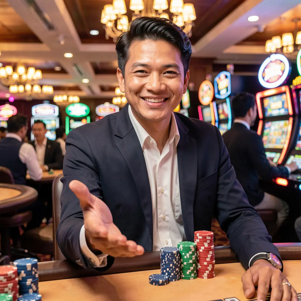 Friendly casino host reaching out with glowing chips and bright casino lights behind him inviting players to join FYI77 in Malaysia