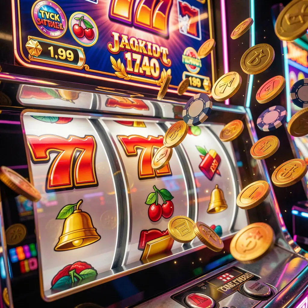 Glowing classic slot machine with triple seven symbols and flying coins showcasing the premium slot experience at FYI77 for players in Malaysia